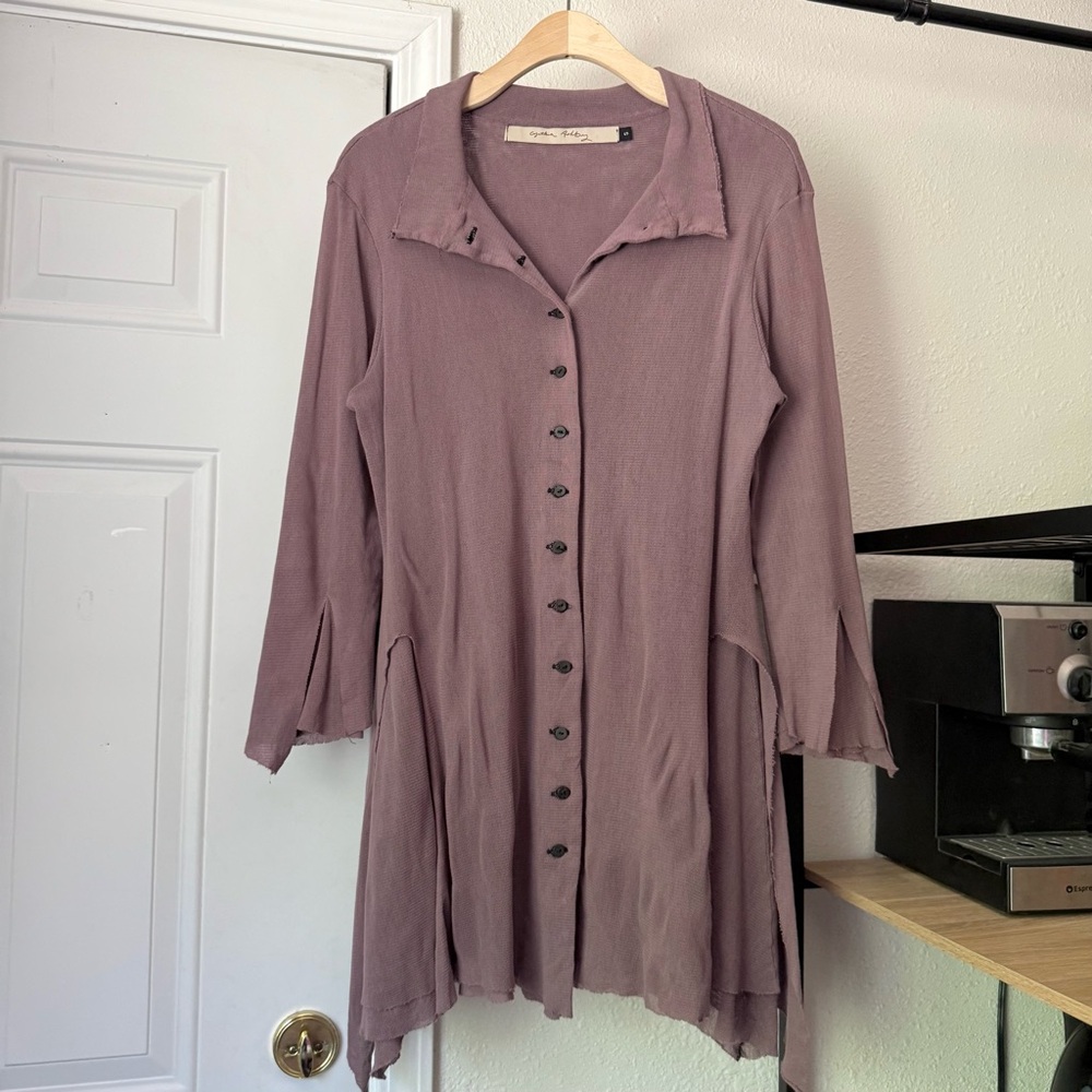 CYNTHIA ASHBY lagenlook mauve‎ mesh layered ruffle button up blouse shirt top